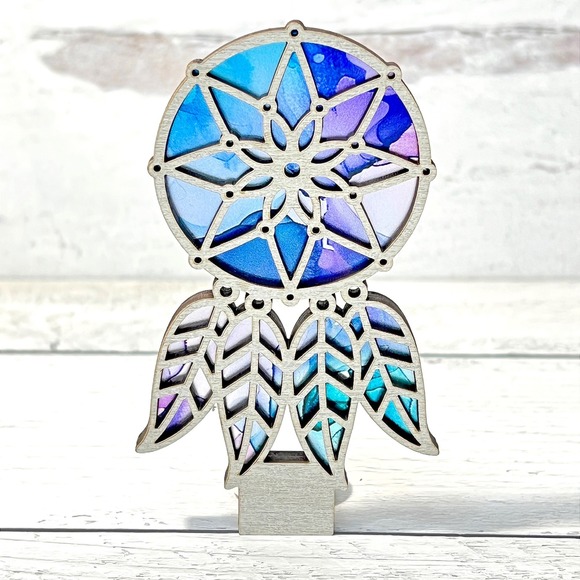 Bone and Bloom Other - Dreamcatcher Night Light Laser Cut Stained Glass Style Blue Purple Teal Handmade